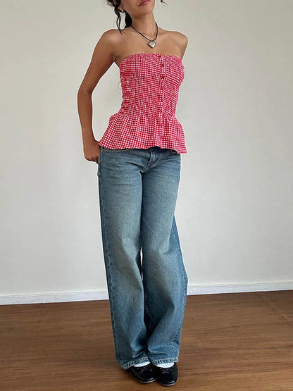 Red Gingham Ruffle Hem Strapless