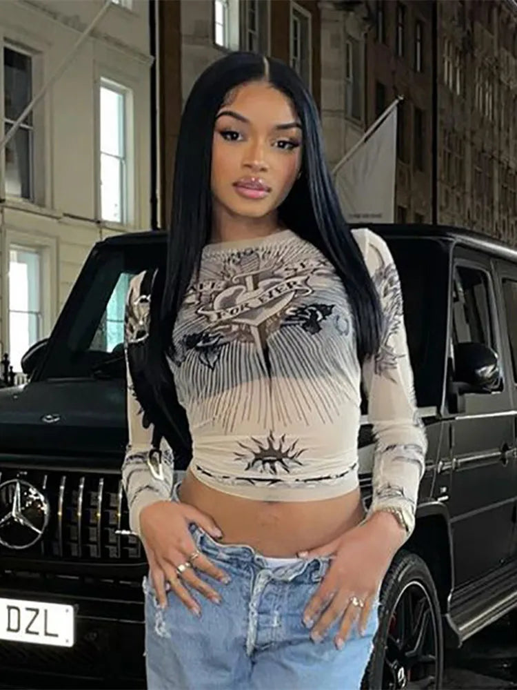 Gothic Graphic Full Sleeve Sheer Top