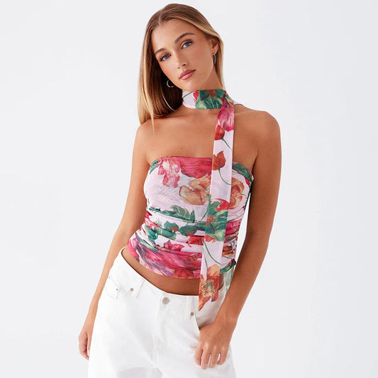 Color Collision Strapless Mesh Sheer Top