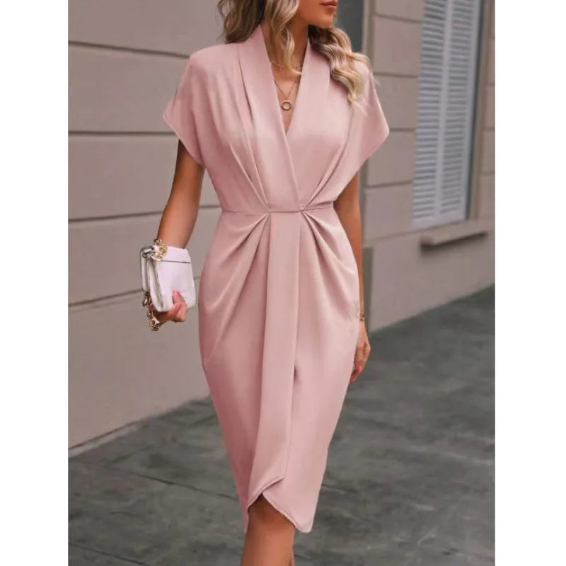 Short Sleeve Deep V Neck Draped High Waist Work Dress