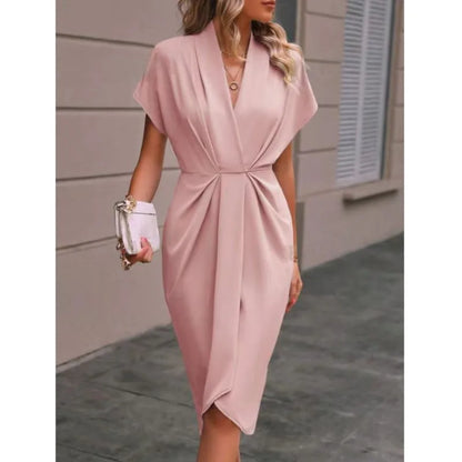 Short Sleeve Deep V Neck Draped High Waist Work Dress