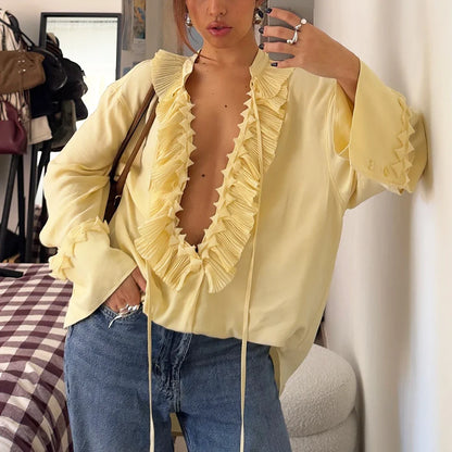 Casual Chiffon Pleated Lace-up Blouse