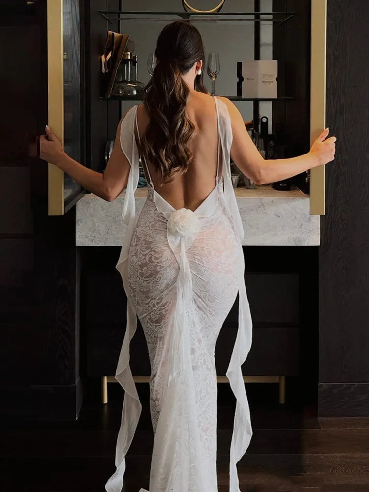 Trailing Flowing Skirt Patchwork Lace Dress