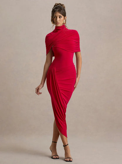 Pleated Irregular Backless Midi Dress