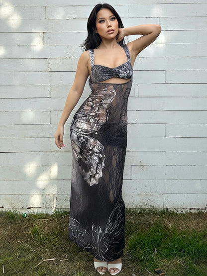 Lace Cut Out Bandage Maxi Floral Dress