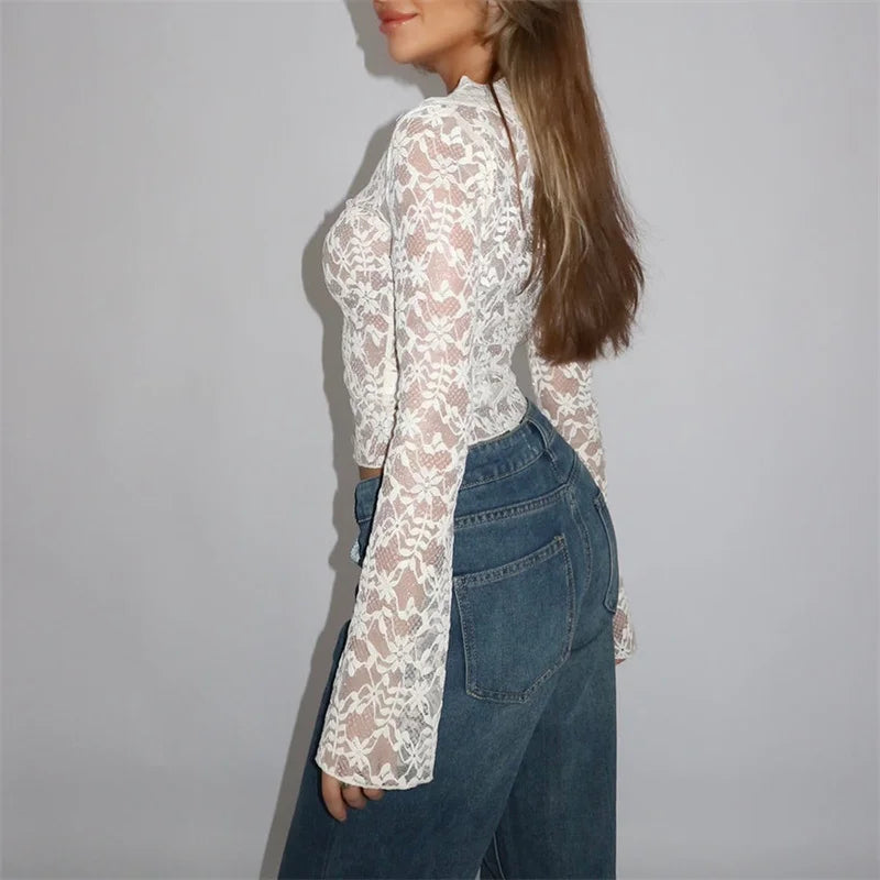 Floral White Lace Long Sleeve Sheer Top