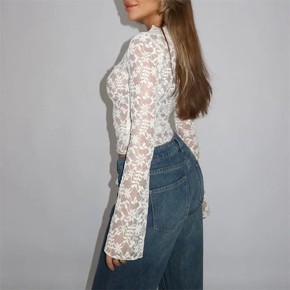 Floral White Lace Long Sleeve Sheer Top