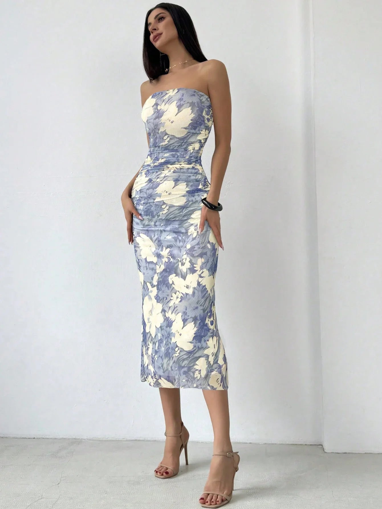 Strapless Hip Wrap Floral Dress