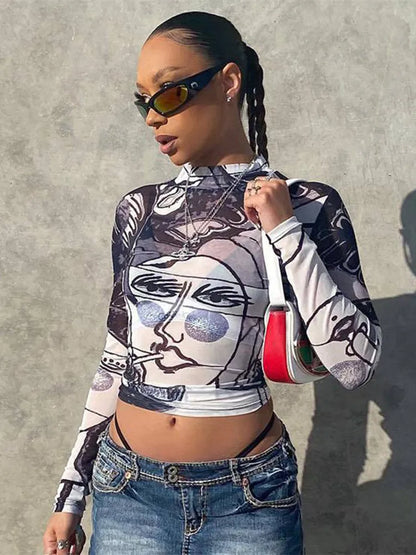 Graphic Print Mesh Long Sleeve Sheer Top