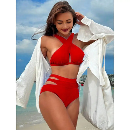 Solid Halter Neck Matching Two Piece Swim Sets