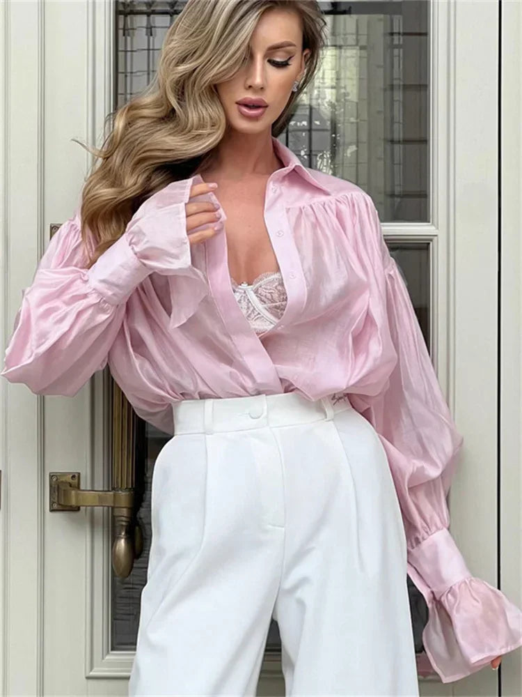 Loose See-Through Lapel Long Sleeve Blouse