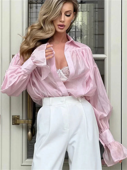Loose See-Through Lapel Long Sleeve Blouse