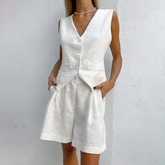 Linen Sleeveless Vest Short Suit