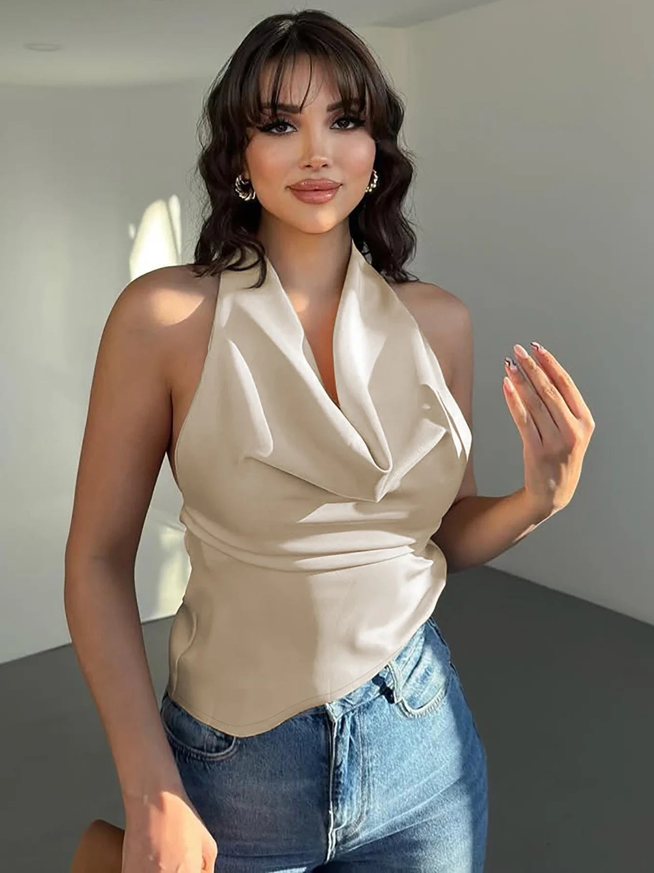 Halter Lace Up Ruched Solid Cami Top