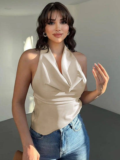 Halter Lace Up Ruched Solid Cami Top