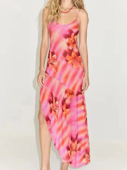 Chic Flower Printed V Neck Beach Midi Dress