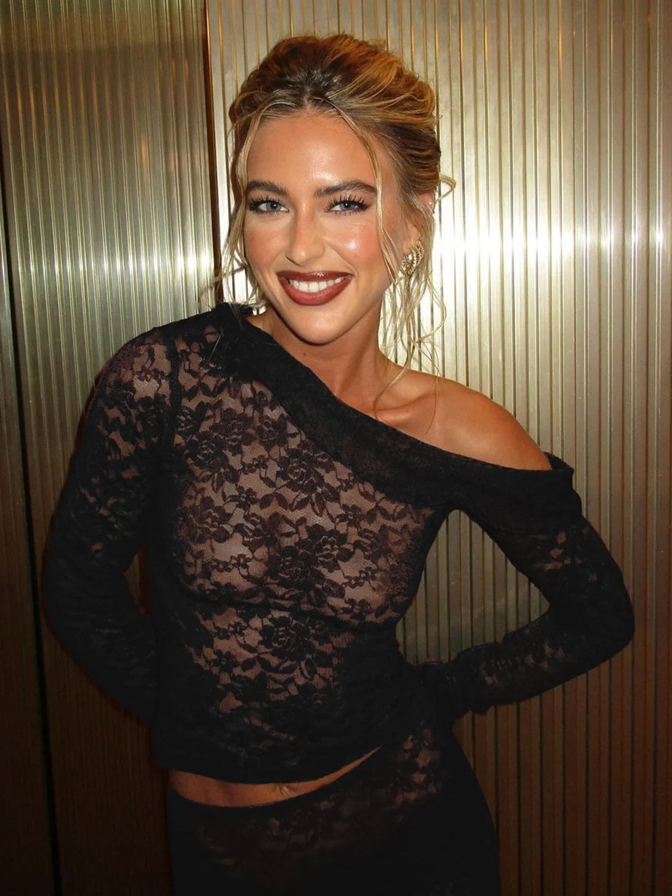 Skew Collar Long Sleeve Lace Mesh Sheer Top