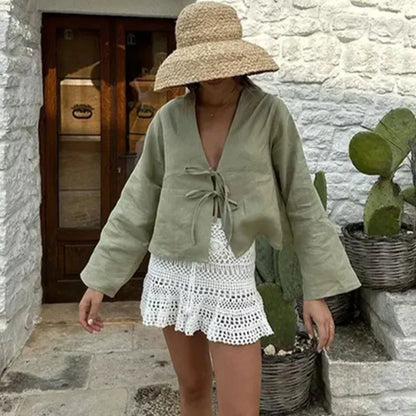 Loose Lace-up Bow V-neck Flare Sleeve Blouse