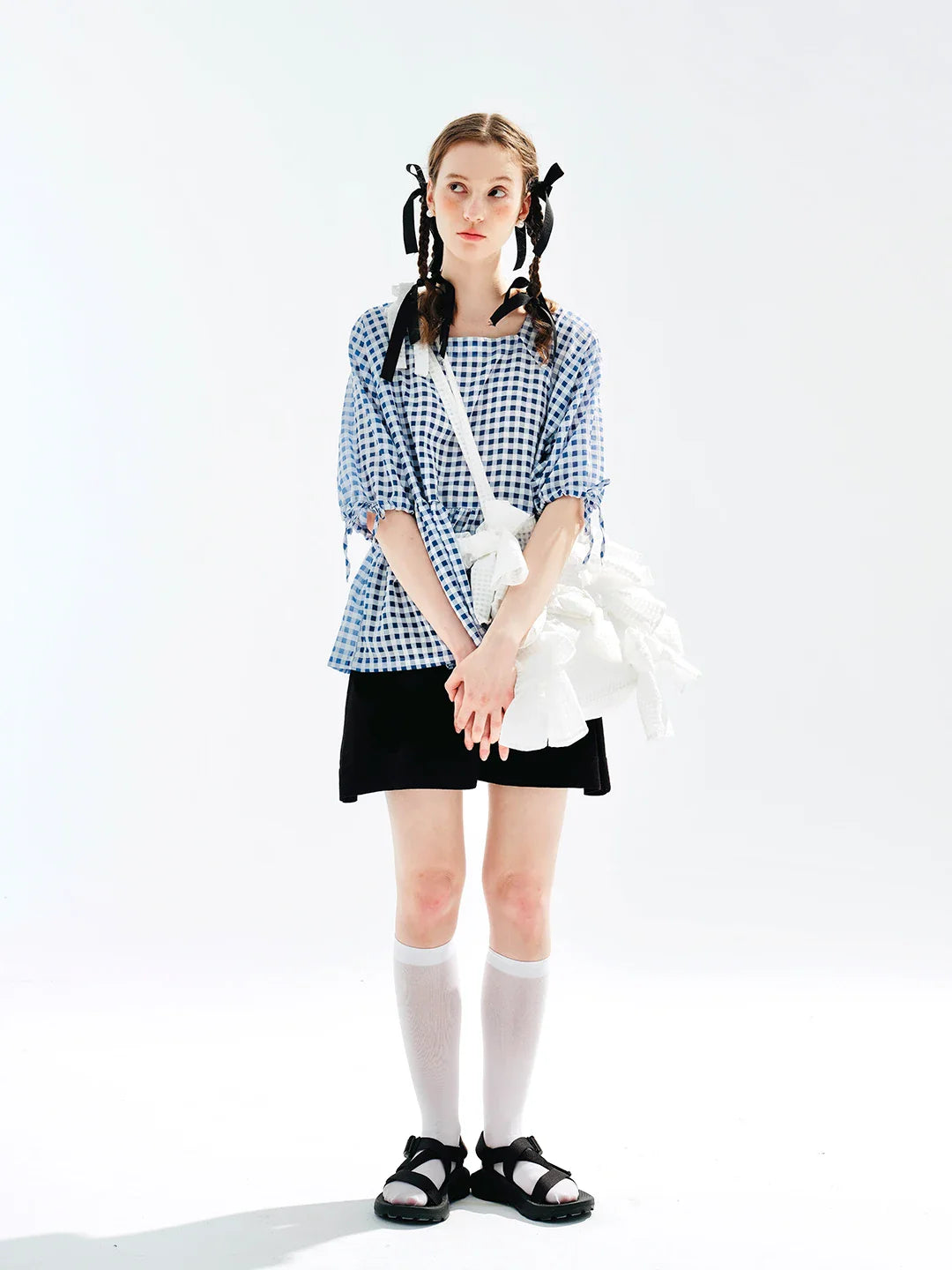 Plaid Lace-up Short Sleeve T-shirt Blouse