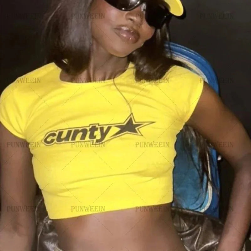 Aesthetic Goth Letter Baby Tee Yellow Sexy Crop Top