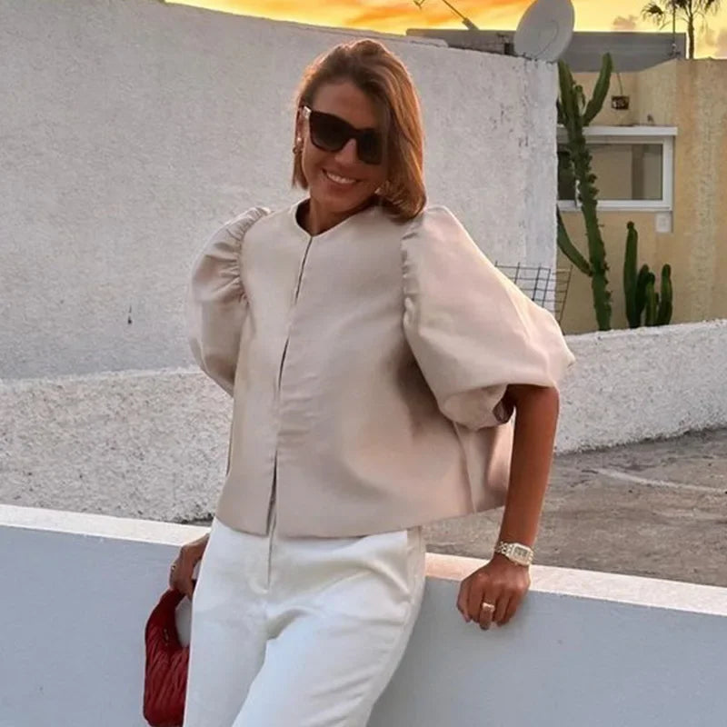 Satin Lantern Sleeve Ruffle Blouse