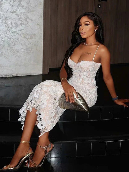 Slip Embroidery Corset Straps Midi Lace Dress