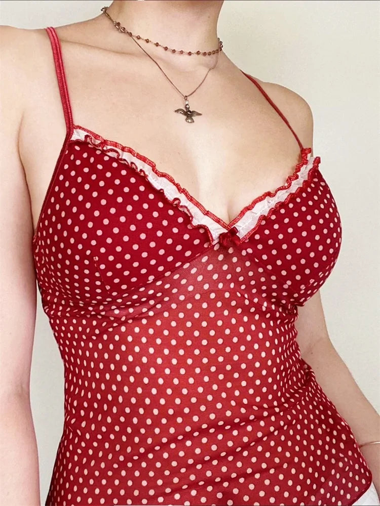 Sleeveless Open Back Dot Print Slim Cami Top