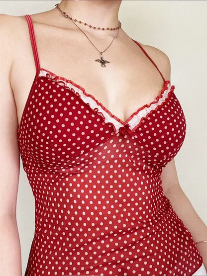 Sleeveless Open Back Dot Print Slim Cami Top