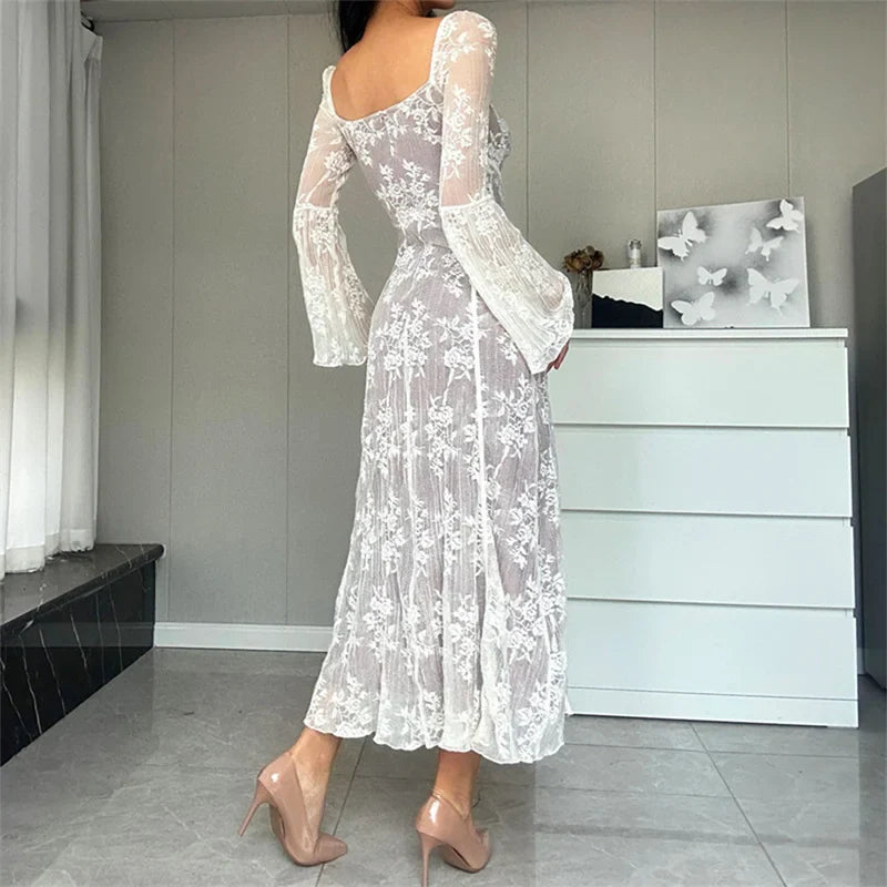Lace Flared Sleeve A-Line Midi Dress