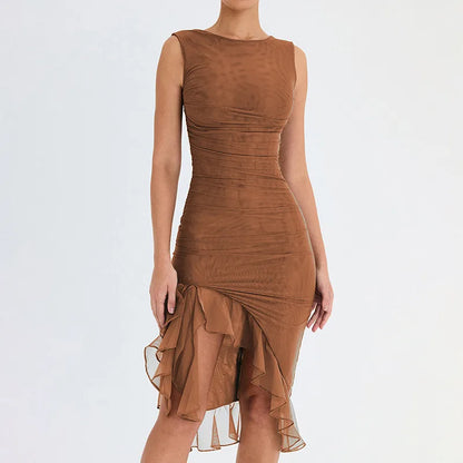 Mesh Tight Backless Irregular Pleated Work Dress