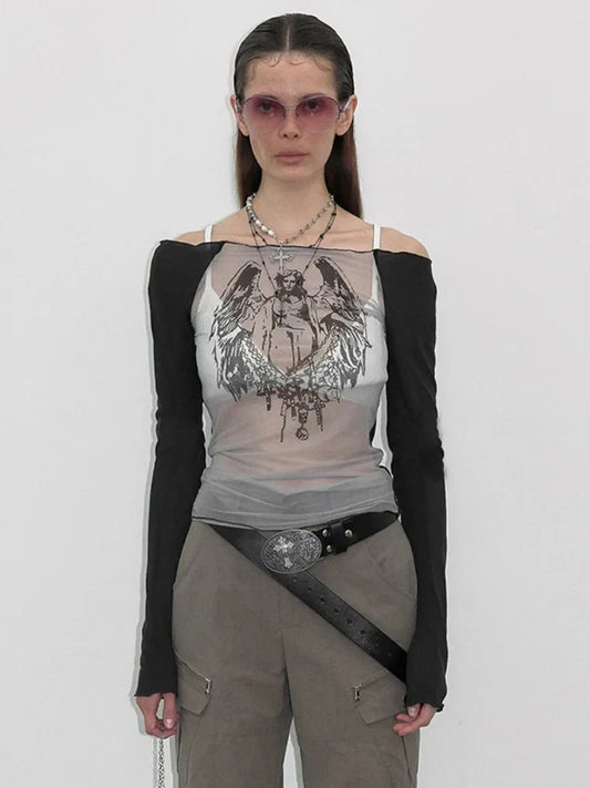 Knitted Mesh Character Print Sheer Top