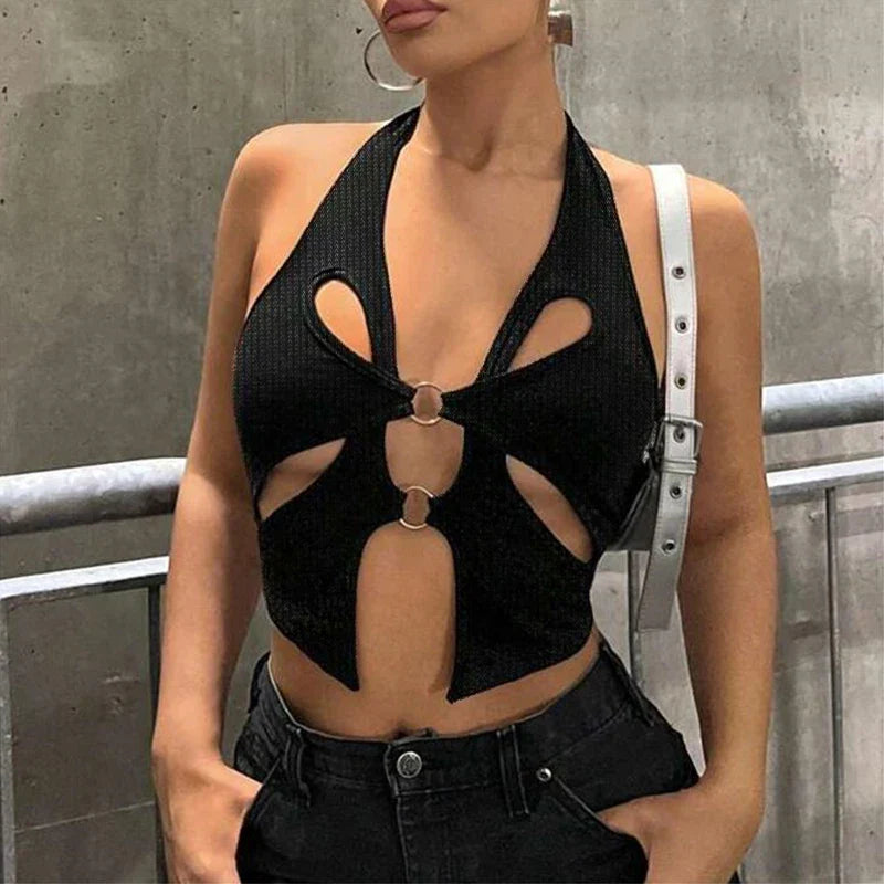 Sexy Backless Y2K Black Asymmetrical Slim Cami Top