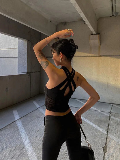 Sexy Hollow Halter Ruched Patchwork Mesh Cami Top