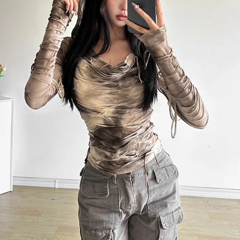 Tie Dye Ripped Hooded Sheer Top