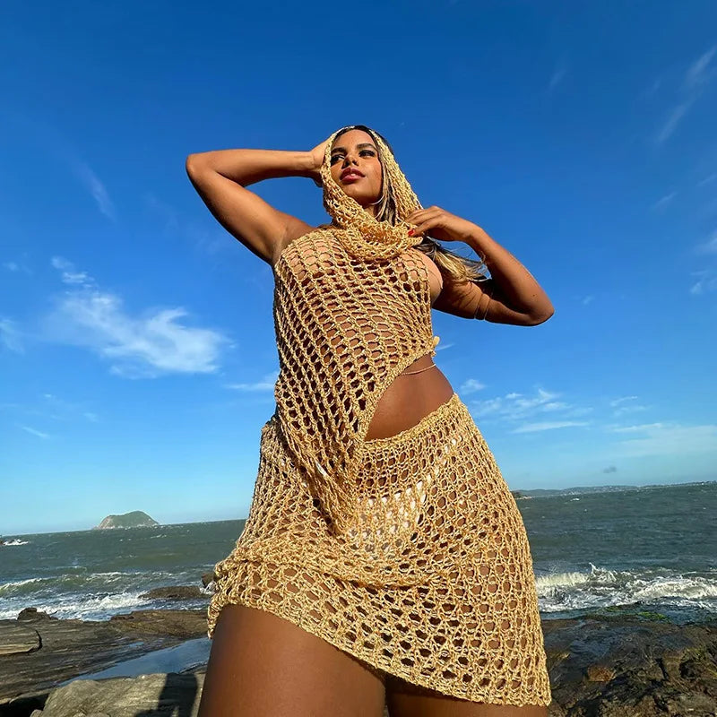 Hollow Out Knit Sequin Hooded Mini Crochet Two Piece Skirt Set