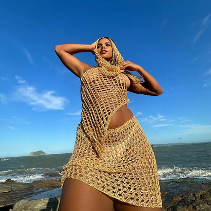 Hollow Out Knit Sequin Hooded Mini Crochet Two Piece Skirt Set