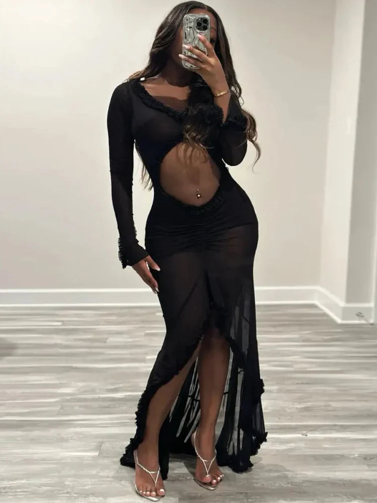 Sheer Hollow Ruffle Lace Maxi Dress