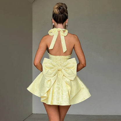 Jacquard Bow Backless Pink Party Dress