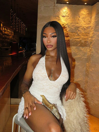 Pleated Halter Skinny Concise Mini Lace Dress