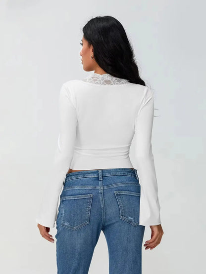 Lace Trim Long Sleeve V-neck Button Blouse