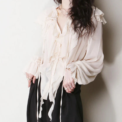 Chiffon Ruffle Bow Tie Lantern Sleeve Blouse