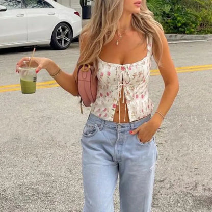 Y2K Floral Camis Vest Slim Bow Tie Split Front Cami Top