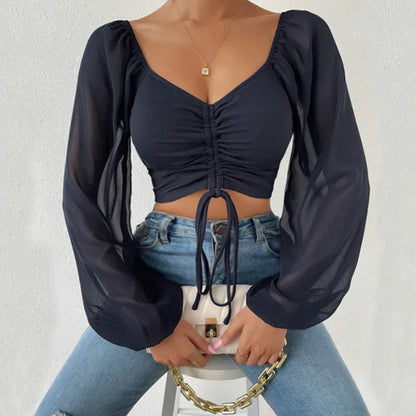 V-Neck Drawstring Bandage Sheer Top
