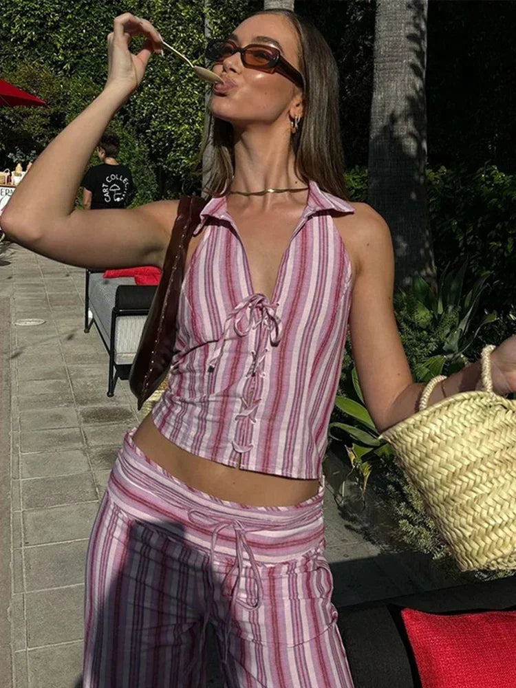 Striped Lace Up Backless Two Piece Pants Set