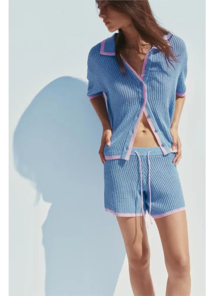 Patchwork Polo Drawstring Knit Set