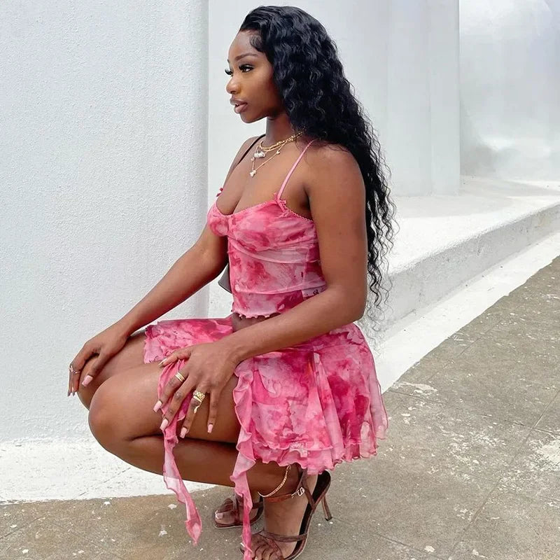 Pink Mesh Sheer Ruffle Mini Two Piece Skirt Set