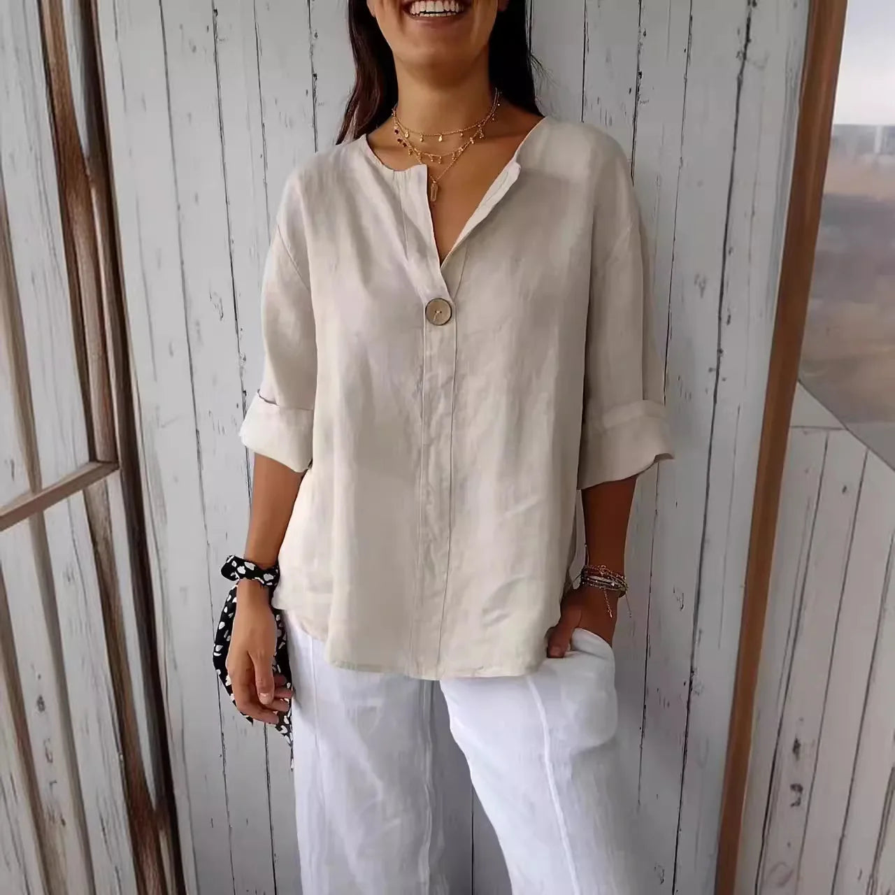 Summer V-neck Button Tee Blouse