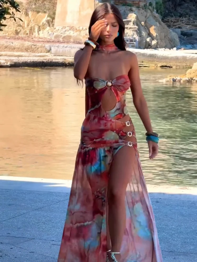 Hollow Lace-up Split Floral Dress