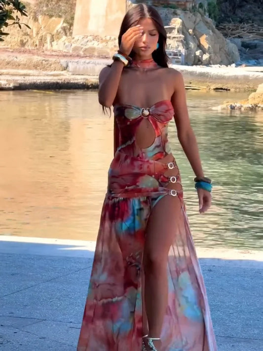 Hollow Lace-up Split Floral Dress