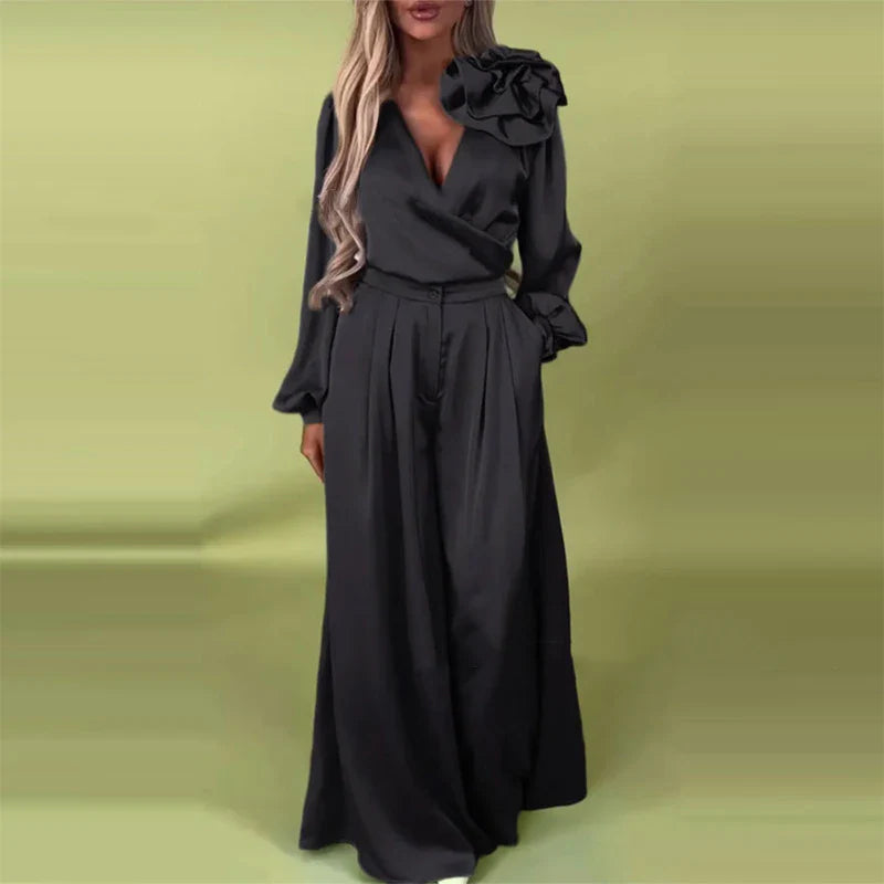 Satin Flower V-Neck Wide Leg Suit